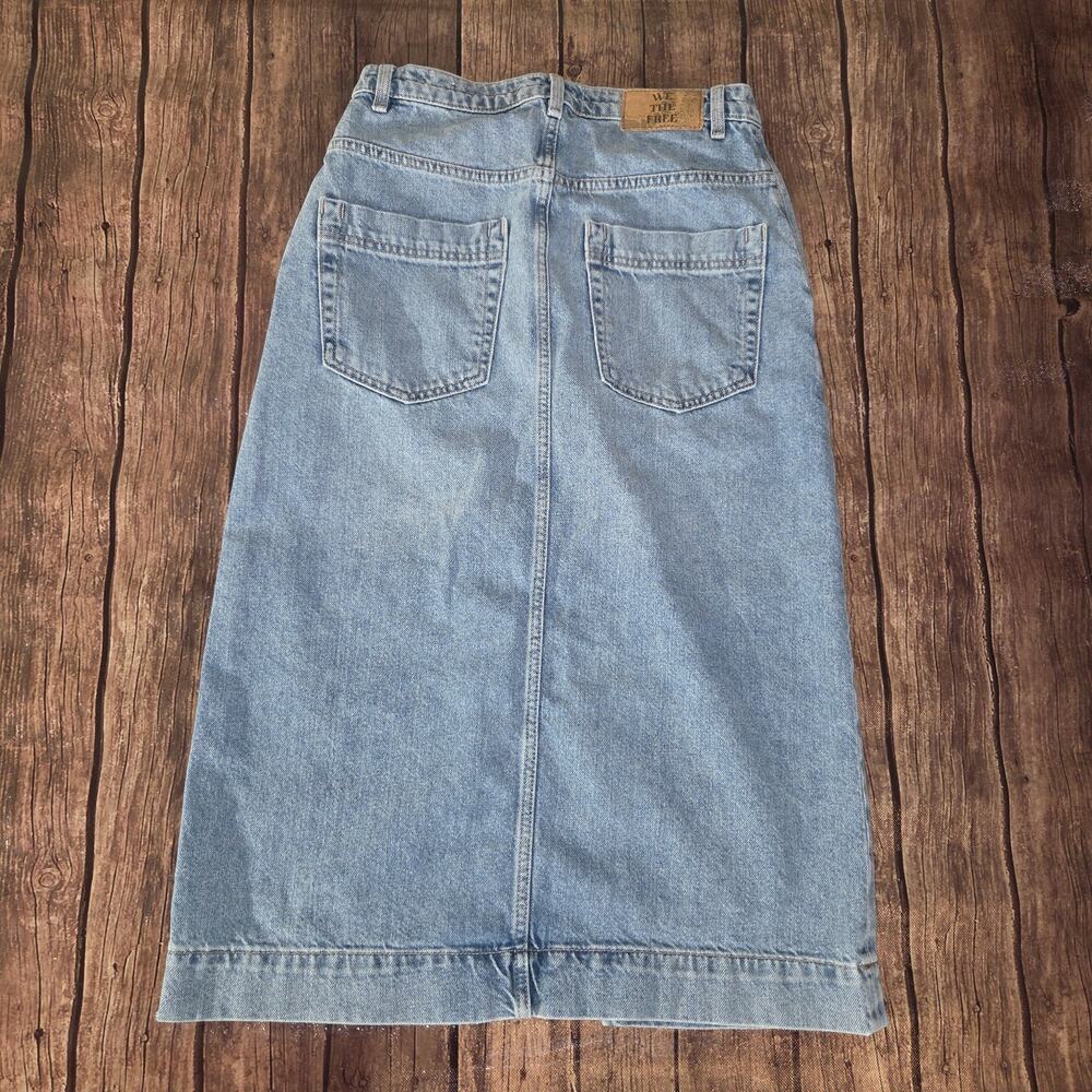 Free People Denim Skirt Women 25 Blue Wild Roses Midi Pockets Front Slit - Picture 6 of 12